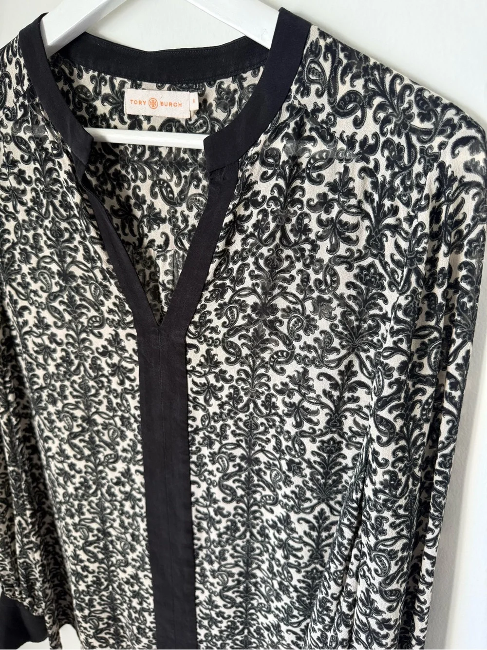 Tory Burch Melissa Paisley Tunic Blouse Black Cream 8
